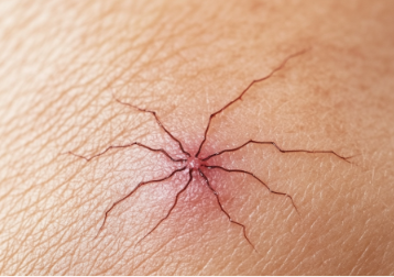 Spider angioma on skin — central red dot with fine radiating vessels.