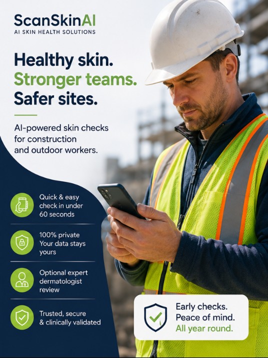 Two construction workers wearing hard hats and high-visibility vests use smartphones for private ScanSkinAI mole and skin checks on a building site.