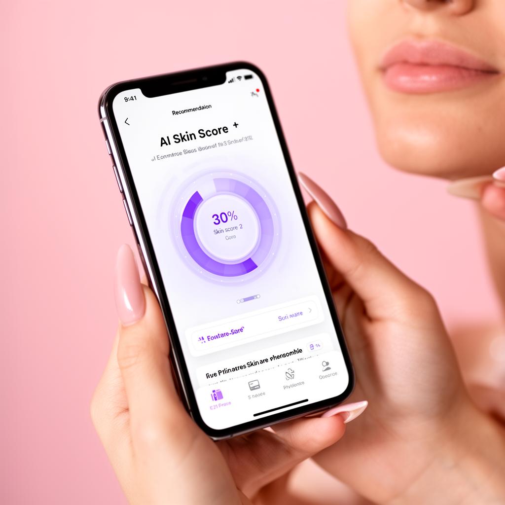 AI skin score and product recommendations rendered on an e-commerce mobile app