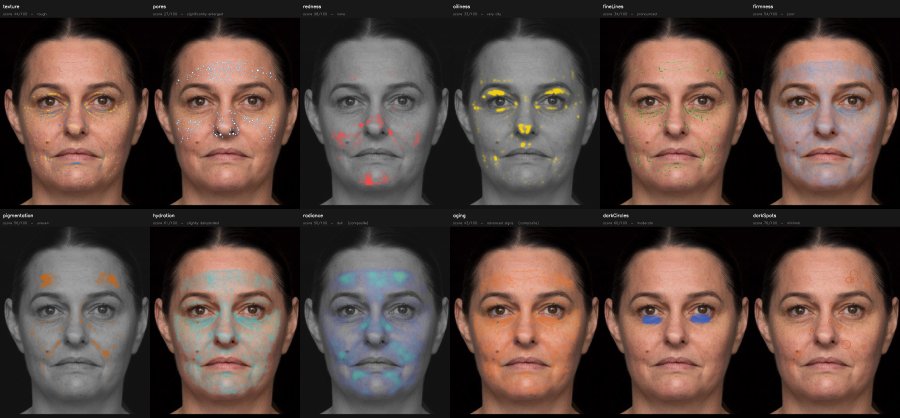 Twelve-panel AI facial skin analysis showing visual results for texture, pores, redness, oiliness, fine lines, firmness, pigmentation, hydration, radiance, aging, dark circles and dark spots