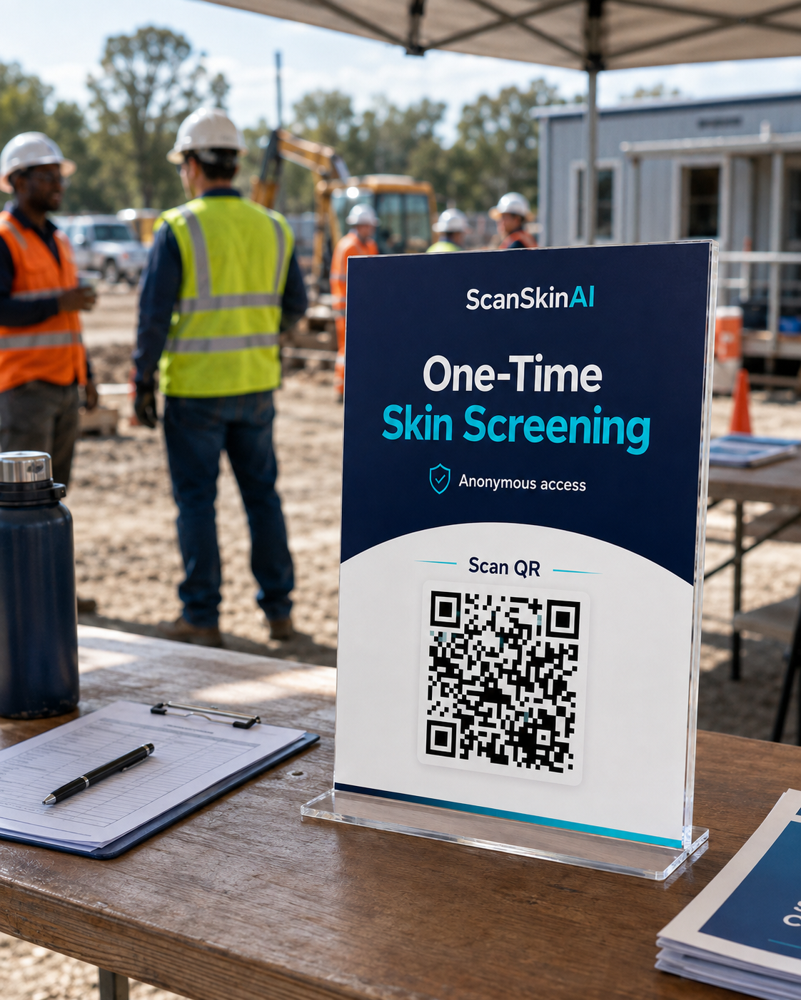 ScanSkinAI one-time skin screening QR code poster on a table at an outdoor worksite, with high-visibility construction workers in the background