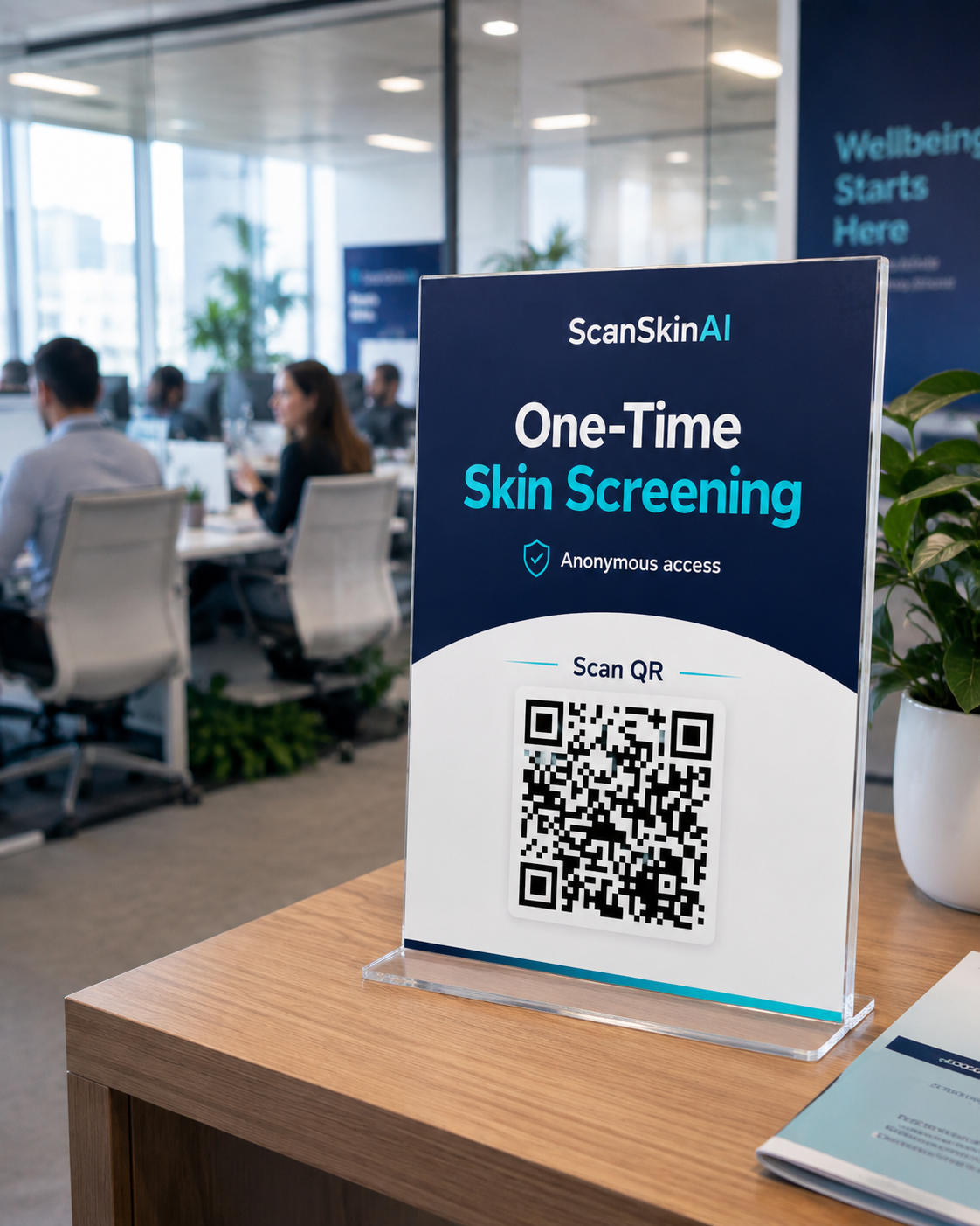 ScanSkinAI one-time skin screening QR code poster on a desk in an office, with employees working in the background