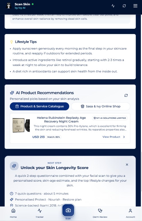 AI Product Recommendations panel on the facial scan results, showing the Product & Service Catalogue tab with a matched product card.