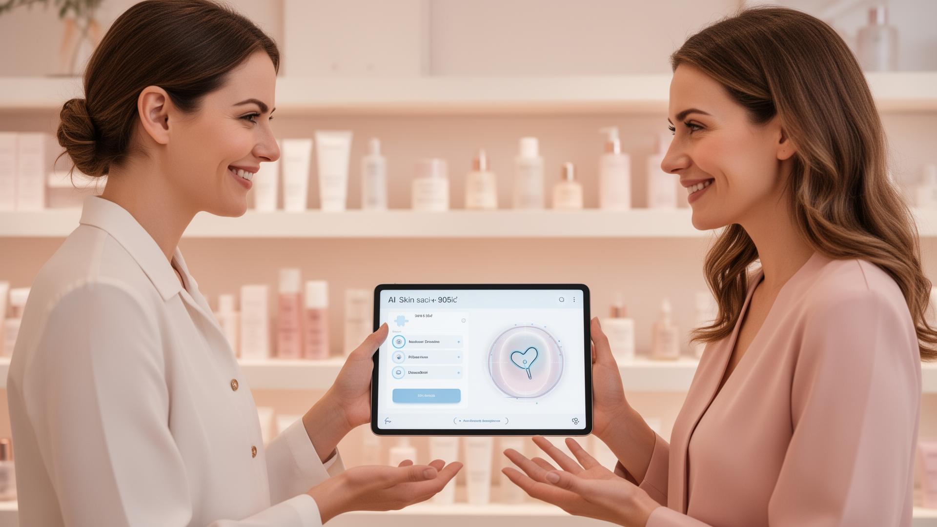 Beauty boutique associate showing a customer her AI skin scan results on a tablet