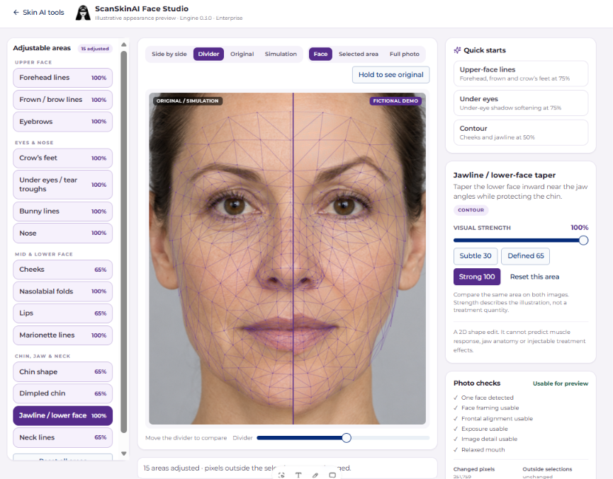 Facial simulation software for clinics: ScanSkinAI Face Studio with a fictional demo portrait split by a comparison divider, 15 adjustable facial areas grouped by region, and Subtle, Defined and Strong visual strength presets for the jawline