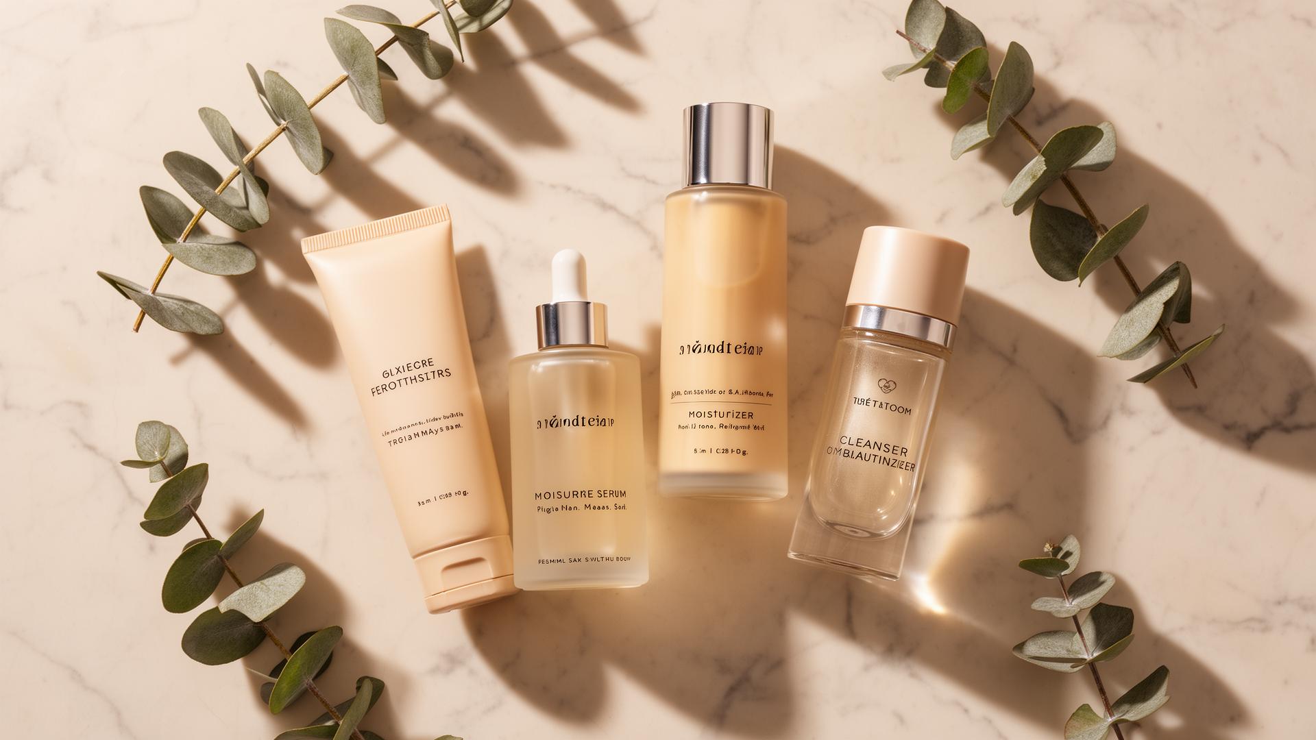 Premium skincare product flatlay on marble with eucalyptus leaves