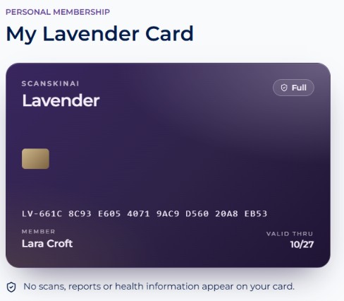 Illustrative ScanSkinAI Lavender Full digital membership card with member name and validity date