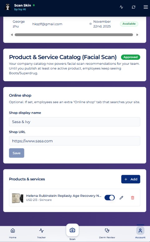 Product & Service Catalog screen showing the approved status, online shop fields (Sasa & Ivy) and a published product entry.