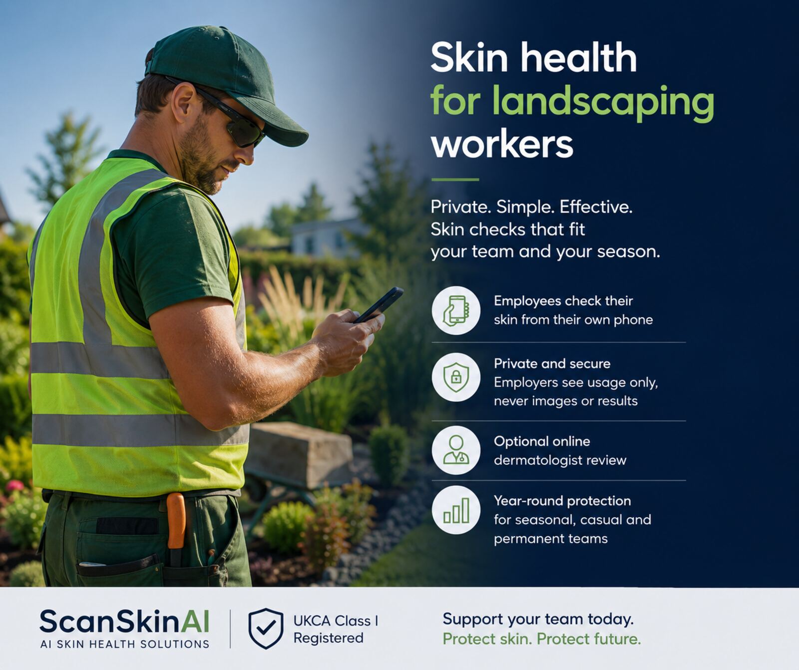 ScanSkinAI feature graphic for landscaping workers: a gardener in a hi-vis vest and cap reviews a private skin scan on his phone, with bullets covering employee-led phone checks, employer privacy, optional dermatologist review and year-round cover for seasonal, casual and permanent teams; UKCA Class I Registered badge