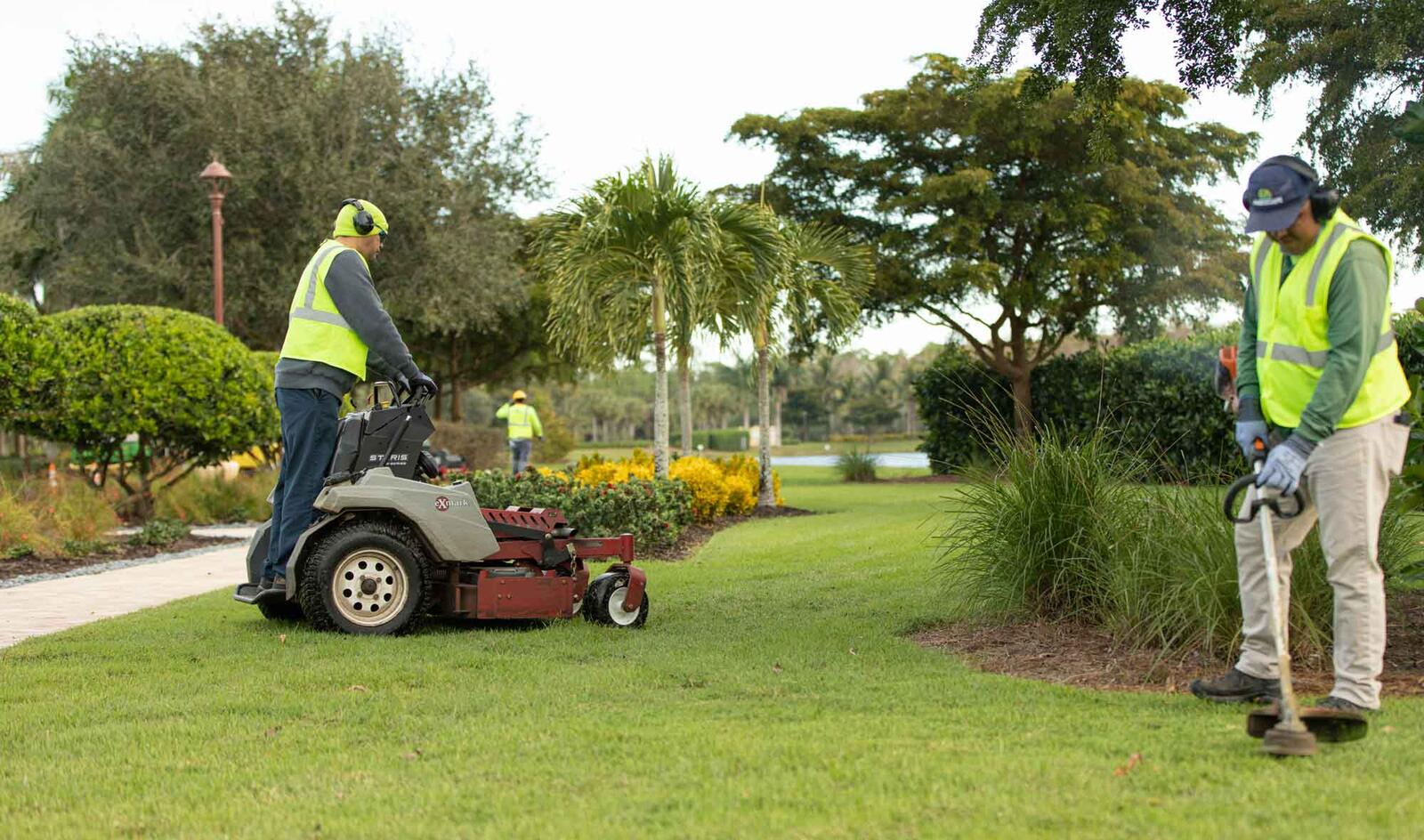 Two landscaping workers in hi-vis vests and caps maintaining a sunlit commercial garden — one on a stand-on mower cutting turf, another using a strimmer along an ornamental grass border with palms and a pond in the background — the kind of all-day UV exposure that makes year-round skin monitoring useful