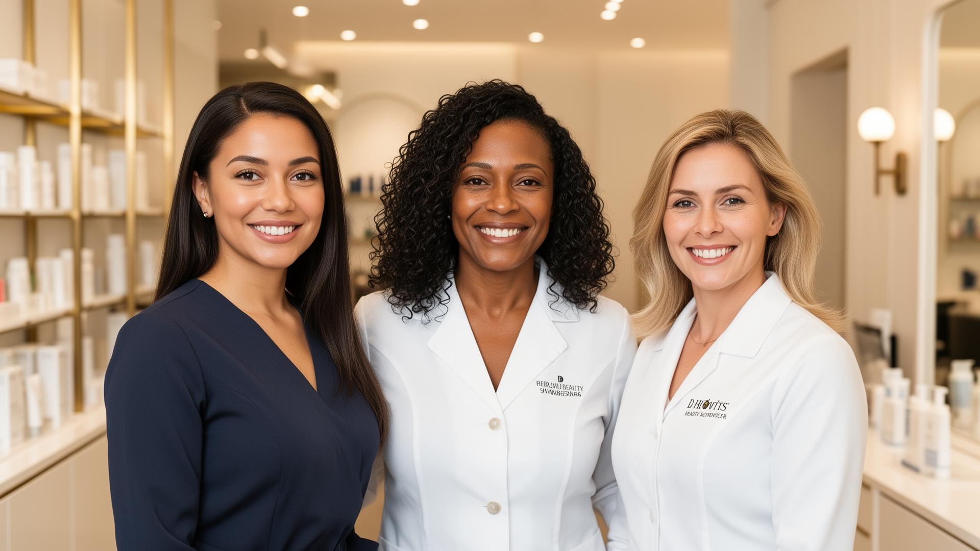 Diverse team of beauty professionals — brand founder, salon owner, aesthetician