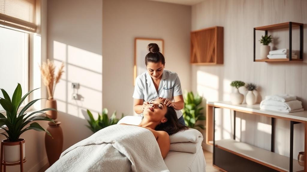 Serene boutique facial spa interior with a client receiving a premium facial treatment from a professional esthetician