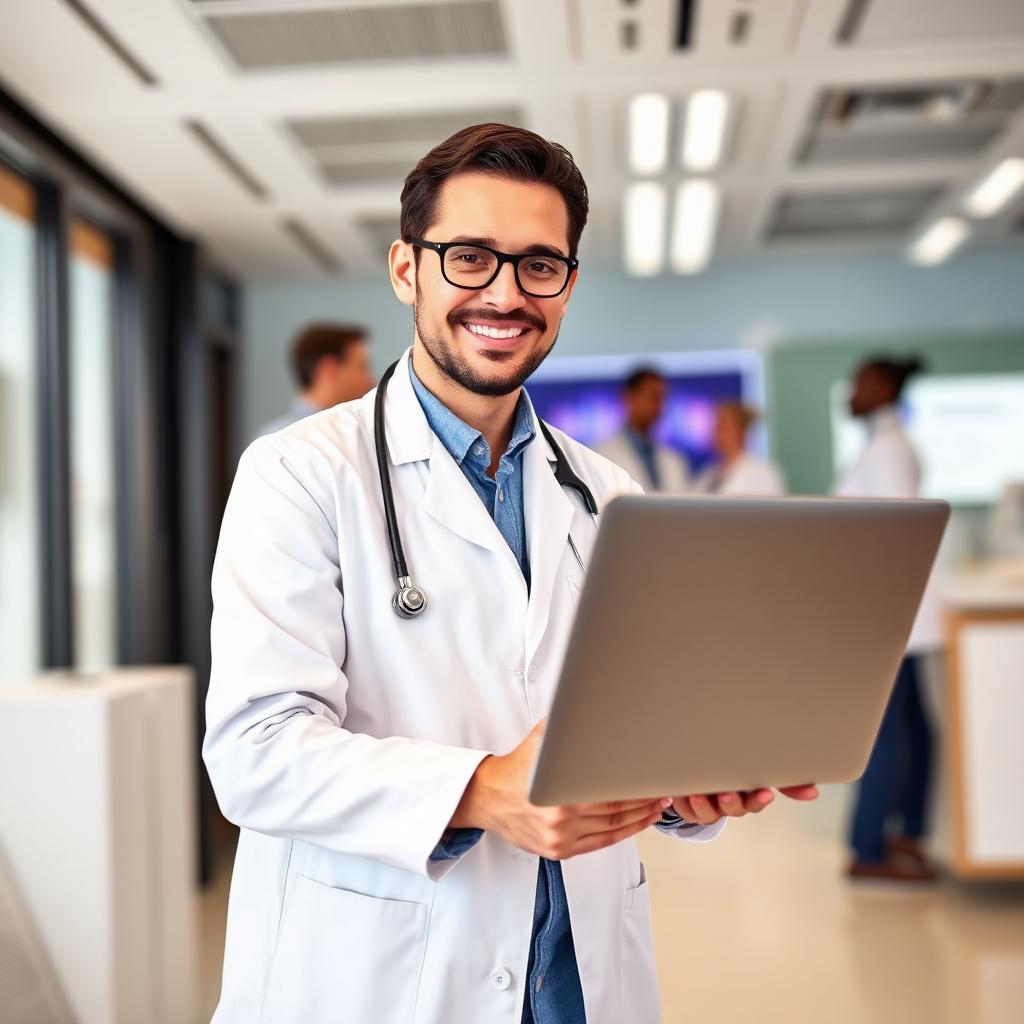 Dermatologist reviewing an AI-screened skin case on a laptop