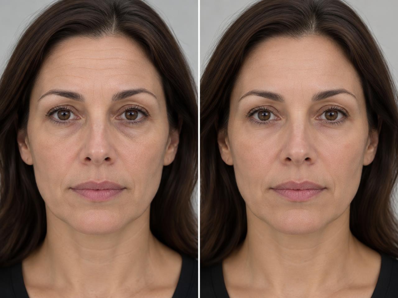 Face Studio Pro treatment simulation on a fictional client: original photo beside a subtle forehead-line and under-eye illustration