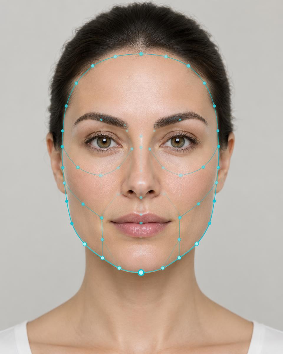 Facial Contour Essential contour overlay tracing face outline, jawline and chin on a fictional client's front-facing photo