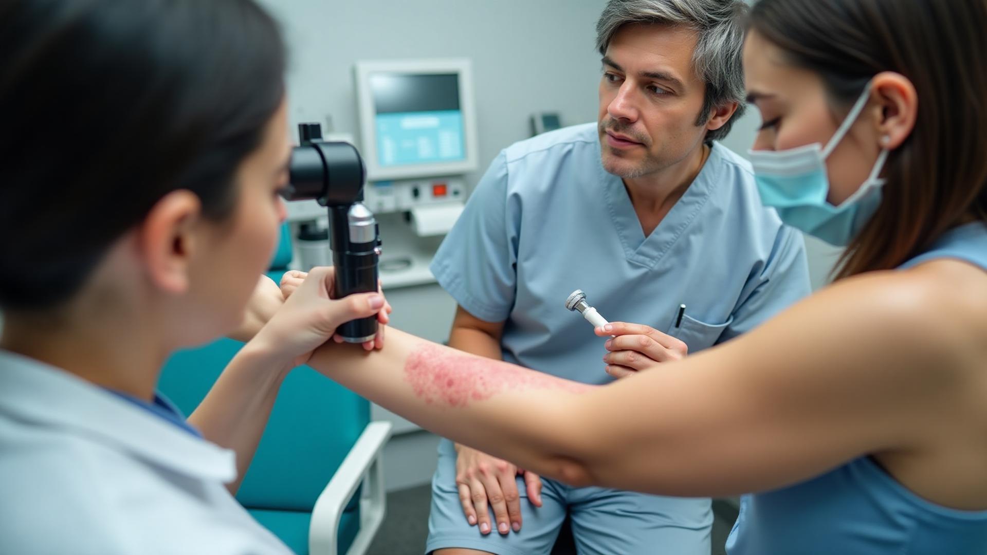 Professional dermatologist examining patient with visible skin condition using diagnostic tools in clinical setting