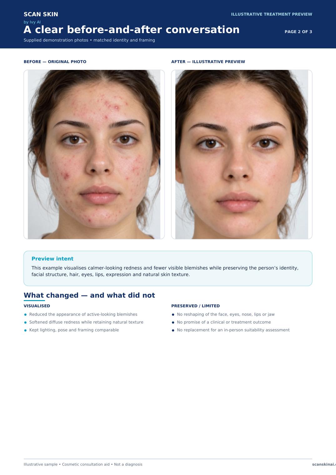 Sample client report page showing matched full-face before and illustrative after photographs