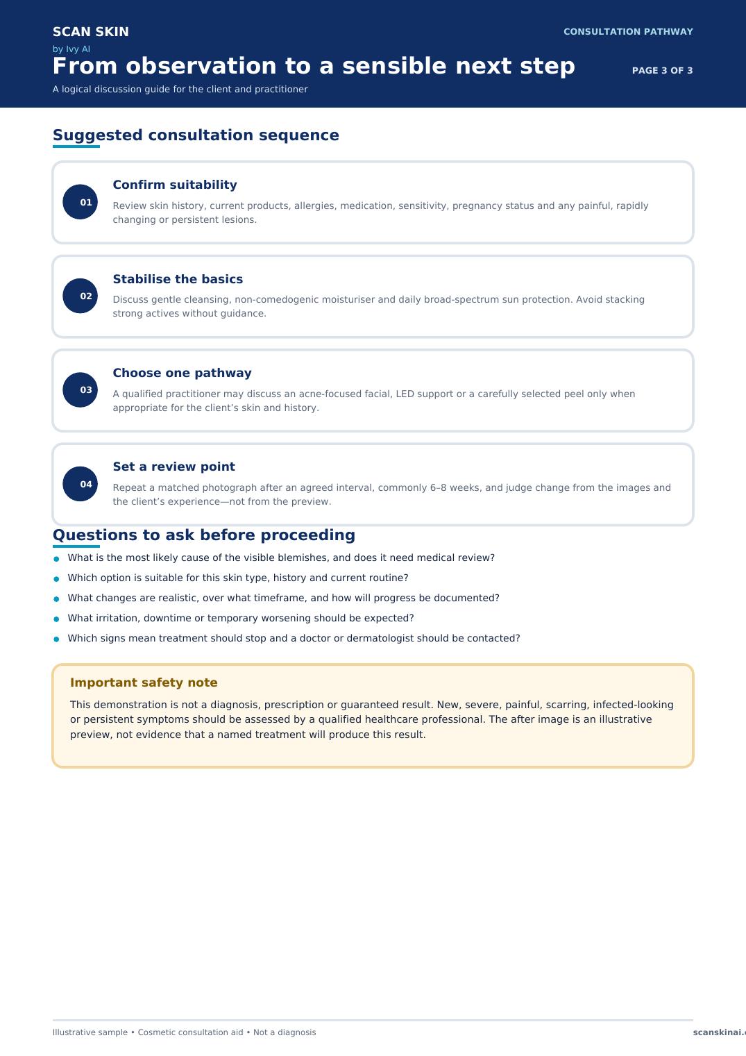 Sample client report page showing the consultation pathway, questions and safety guidance