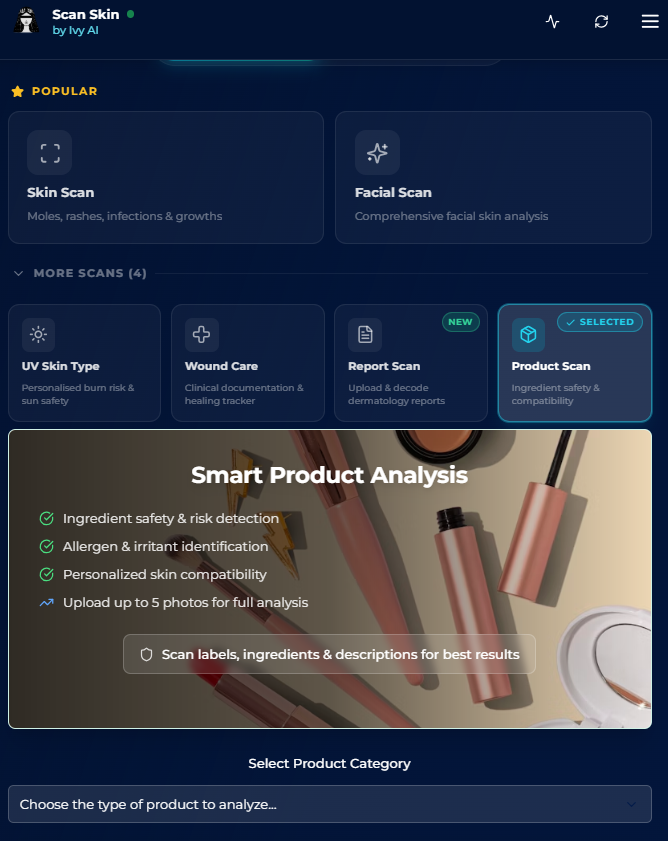 ScanSkinAI Product Scan: select Product Scan for ingredient safety, allergen detection, and personalised skin compatibility analysis