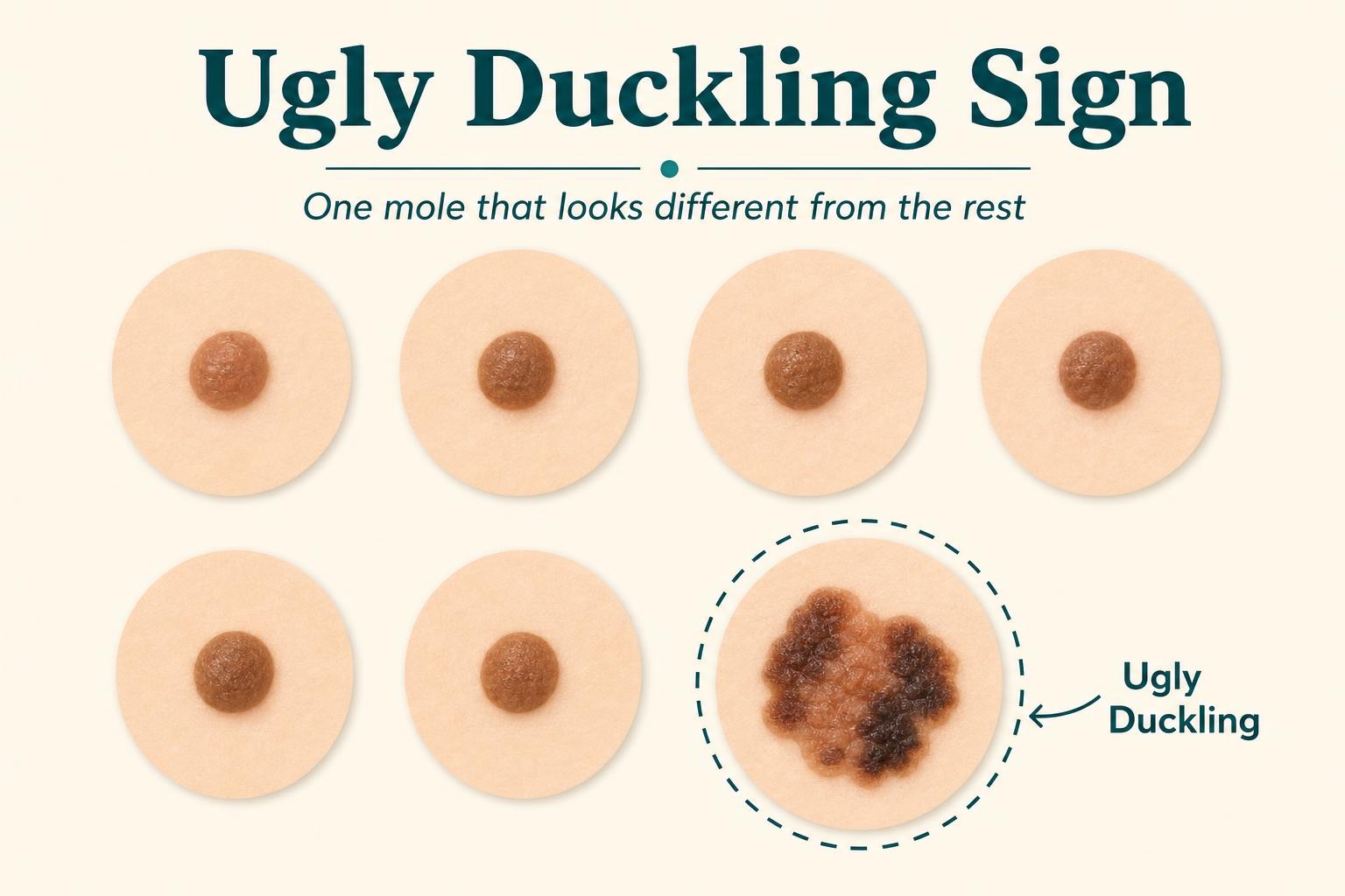 Illustration showing several similar-looking moles and one different mole demonstrating the ugly duckling sign.