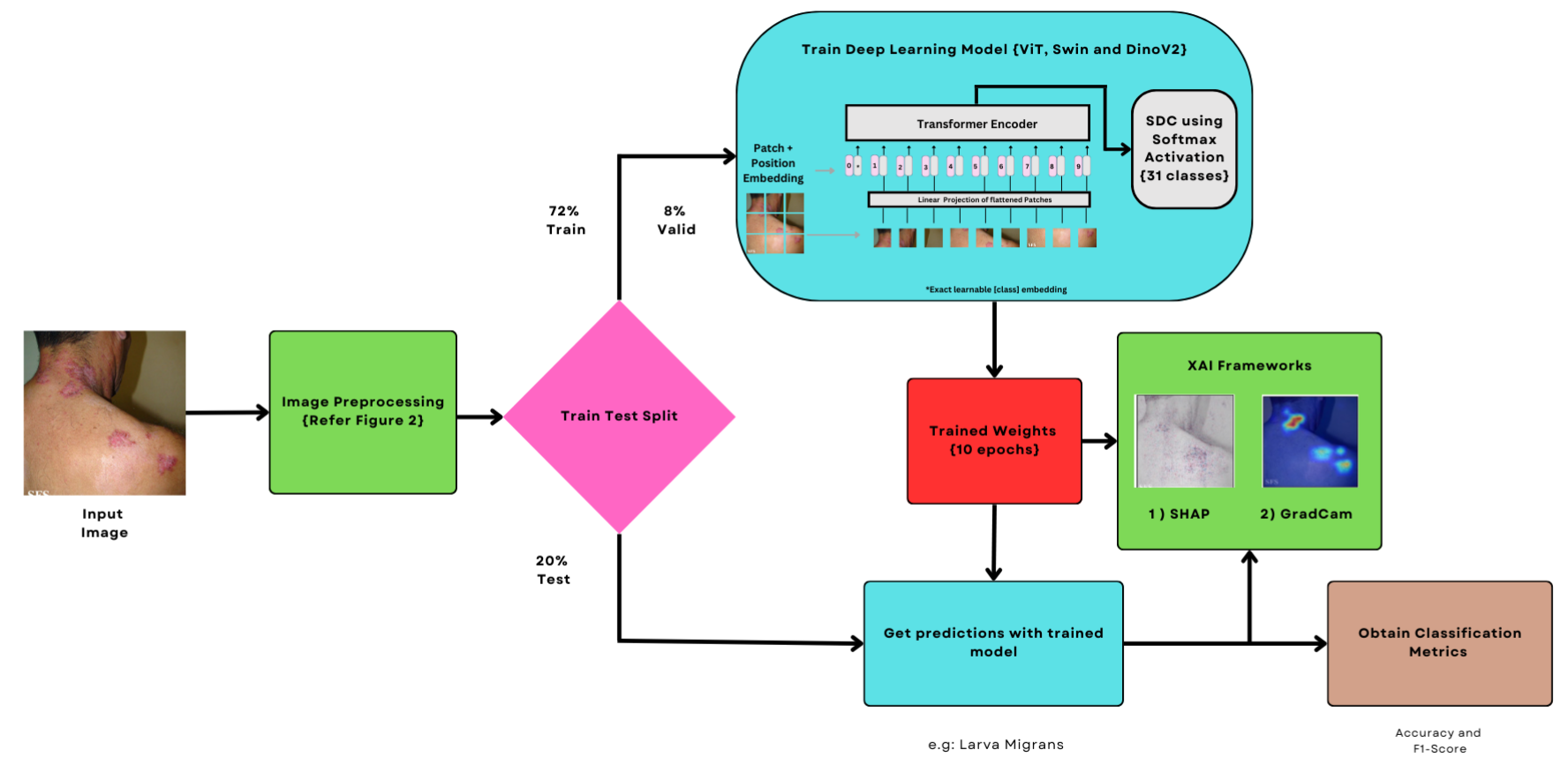 AI Model Training Pipeline showing the workflow from input image through preprocessing, train-test split, deep learning model training with ViT/Swin/DINOv2, to final classification with XAI frameworks